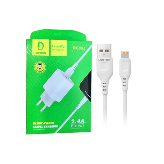 ADAPTADOR DE CARREGADOR DENMEN DC03L 2.4A COM CABO LIGHTNING BRANCO